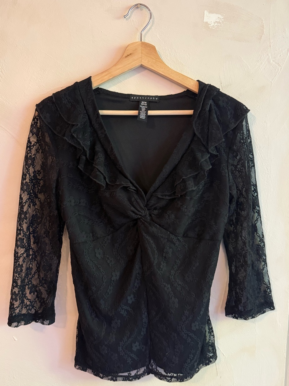 Apostrophe | Black Lace Ruffle V-Neck Top| Size Medium
